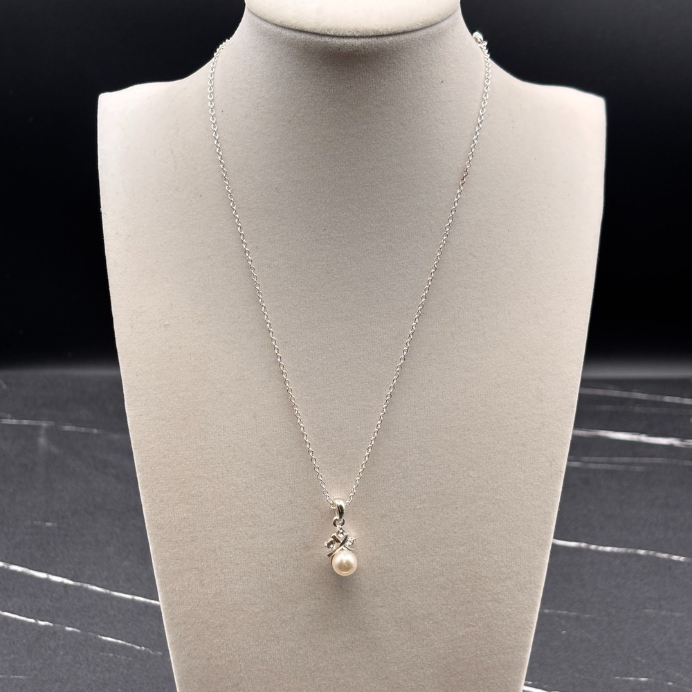 Sha Silver Tone Faux Pearl Pendant Necklace Women‎ White Crystal Accent Jewelry